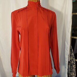 Ladies Vintage STUART LANG High Neck Blouse w/Pleated Front in Red - 4